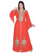 Coral Embroidered Faux Georgette Islamic Kaftan