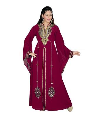 Burgundy Embroidered Faux Georgette Islamic Kaftan 1