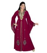 Burgundy Embroidered Faux Georgette Islamic Kaftan