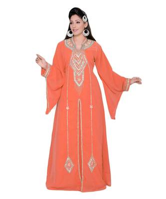 Coral Embroidered Faux Georgette Islamic Kaftan 1