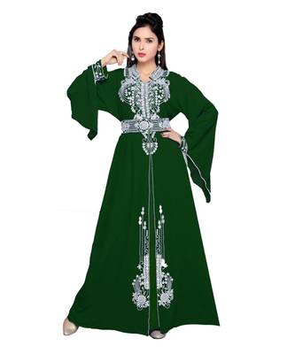 Bottle Green Embroidered Faux Georgette Islamic Kaftan 1