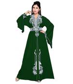 Bottle Green Embroidered Faux Georgette Islamic Kaftan
