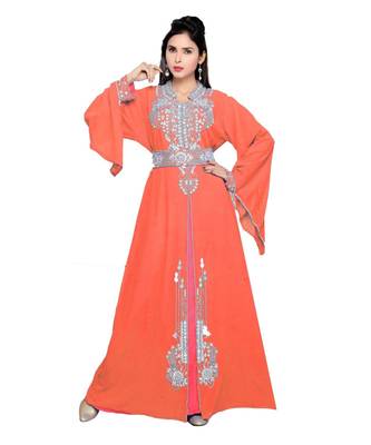 Coral Embroidered Faux Georgette Islamic Kaftan 1