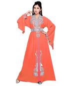 Coral Embroidered Faux Georgette Islamic Kaftan