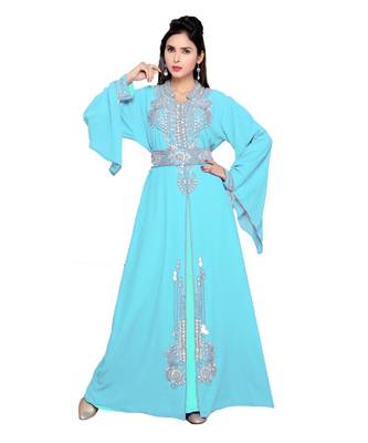 Sky Blue Embroidered Faux Georgette Islamic Kaftan 1