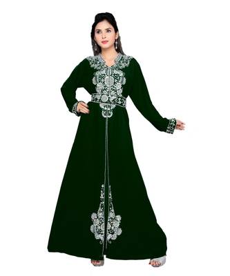 Bottle Green Embroidered Faux Georgette Islamic Kaftan 1