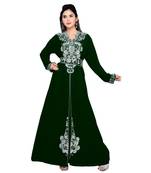 Bottle Green Embroidered Faux Georgette Islamic Kaftan