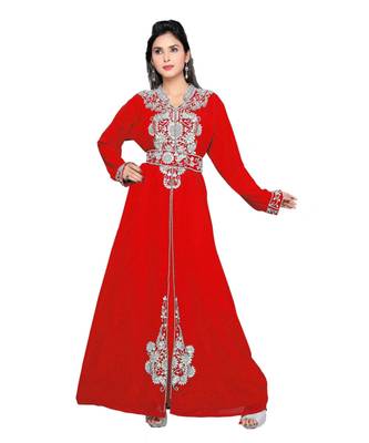 Red Embroidered Faux Georgette Islamic Kaftan 1