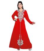Red Embroidered Faux Georgette Islamic Kaftan