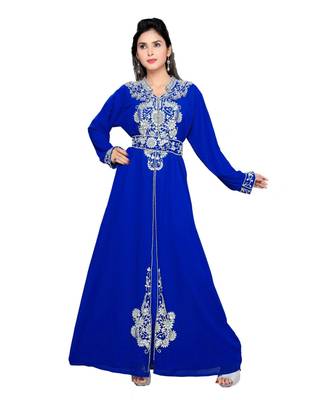 Royal Blue Embroidered Faux Georgette Islamic Kaftan 1