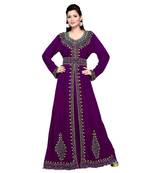 Purple Embroidered Faux Georgette Islamic Kaftan