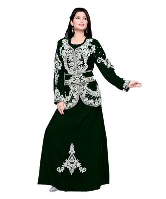 Bottle Green Embroidered Faux Georgette Islamic Kaftan 1