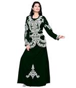 Bottle Green Embroidered Faux Georgette Islamic Kaftan