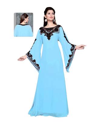 Sky Blue Embroidered Faux Georgette Islamic Kaftan 1