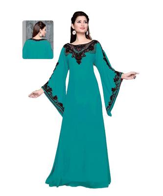 Turquoise Blue Embroidered Faux Georgette Islamic Kaftan 1