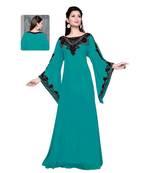 Turquoise Blue Embroidered Faux Georgette Islamic Kaftan