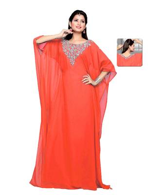 Coral Embroidered Faux Georgette Farasha 1