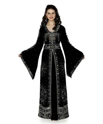 Black Embroidered Faux Georgette Islamic Kaftan 1