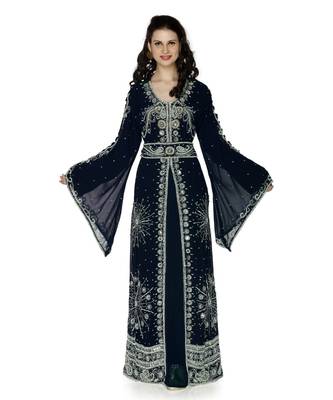 Navy Blue Embroidered Faux Georgette Islamic Kaftan 1