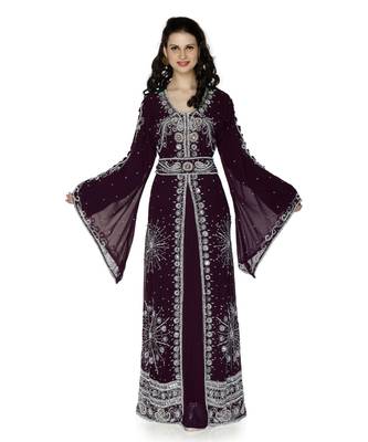Purple Embroidered Faux Georgette Islamic Kaftan 1