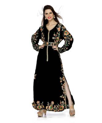 Black Embroidered Faux Georgette Islamic Kaftan 1