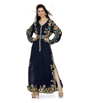 Navy Blue Embroidered Faux Georgette Islamic Kaftan 1
