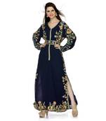 Navy Blue Embroidered Faux Georgette Islamic Kaftan