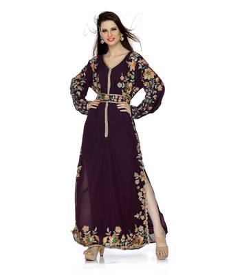 Purple Embroidered Faux Georgette Islamic Kaftan 1
