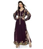 Purple Embroidered Faux Georgette Islamic Kaftan