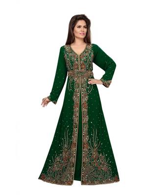 Bottle Green Embroidered Faux Georgette Islamic Kaftan 1