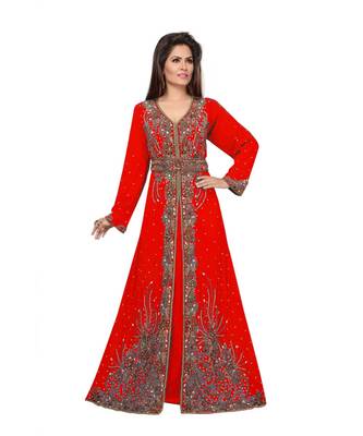 Red Embroidered Faux Georgette Islamic Kaftan 1