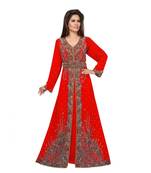 Red Embroidered Faux Georgette Islamic Kaftan