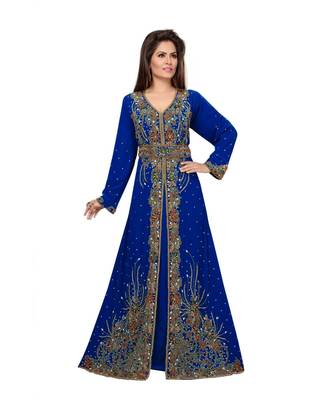 Royal Blue Embroidered Faux Georgette Islamic Kaftan 1
