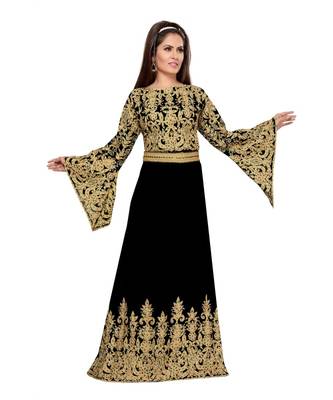 Black Embroidered Faux Georgette Islamic Kaftan 1