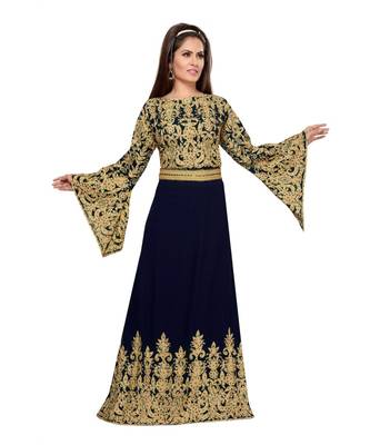Navy Blue Embroidered Faux Georgette Islamic Kaftan 1