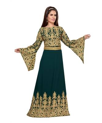 Teal Embroidered Faux Georgette Islamic Kaftan 1