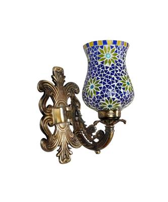 Indian Metal Designer Brass Polish Finish Fitting Multicolor Mosaic Glass Wall Up Light Lamp Sconces 2