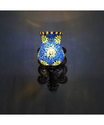 Indian Metal Designer Brass Polish Finish Fitting Multicolor Mosaic Glass Wall Up Light Lamp Sconces 3