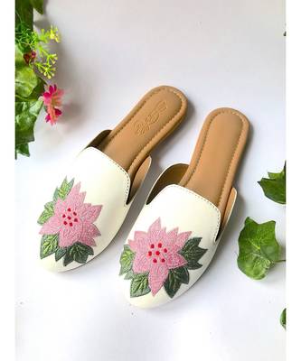 white vegan leather cherry embroidered flats 1