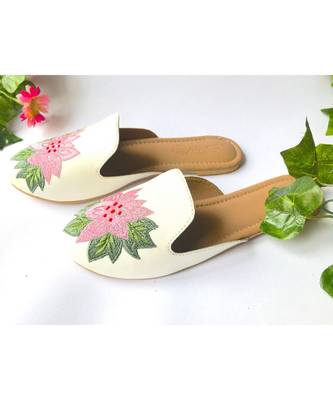 white vegan leather cherry embroidered flats 3