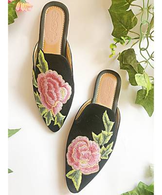 Black Velvet Hi-Collar Pink Rose Mules 1