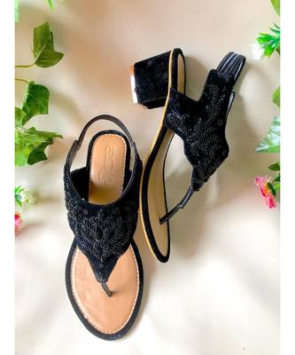 Black Micro Velvet Block Heels 1
