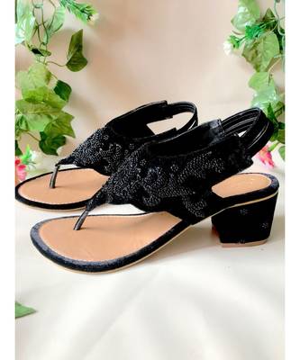 Black Micro Velvet Block Heels 3