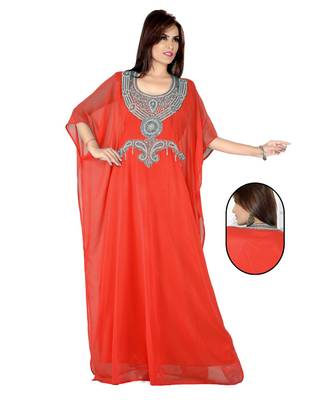 Coral Embroidered Faux Georgette Farasha 1