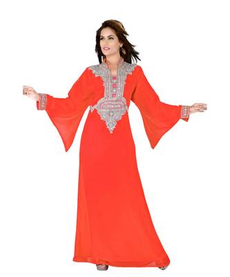 Coral Embroidered Faux Georgette Islamic Kaftan 1