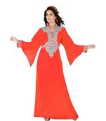Coral Embroidered Faux Georgette Islamic Kaftan