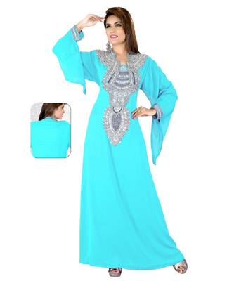 Sky Blue Embroidered Faux Georgette Islamic Kaftan 1