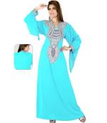 Sky Blue Embroidered Faux Georgette Islamic Kaftan