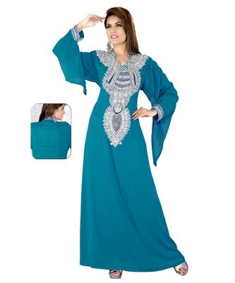 Teal Embroidered Faux Georgette Islamic Kaftan 1