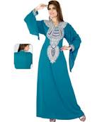 Teal Embroidered Faux Georgette Islamic Kaftan